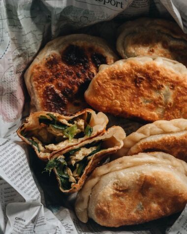 Chinese chive pockets cut open revealing the filling