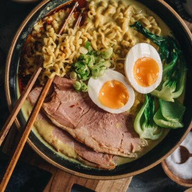 Curry ramen topped with leftover ham