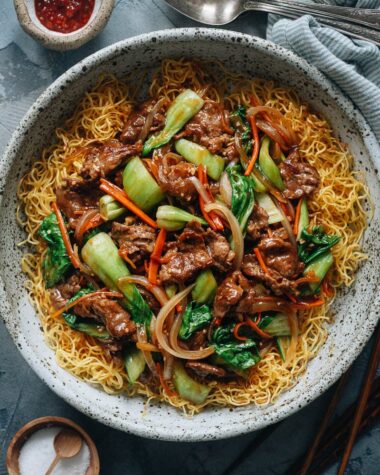 Hong Kong style beef and brown sauce over crispy noodles