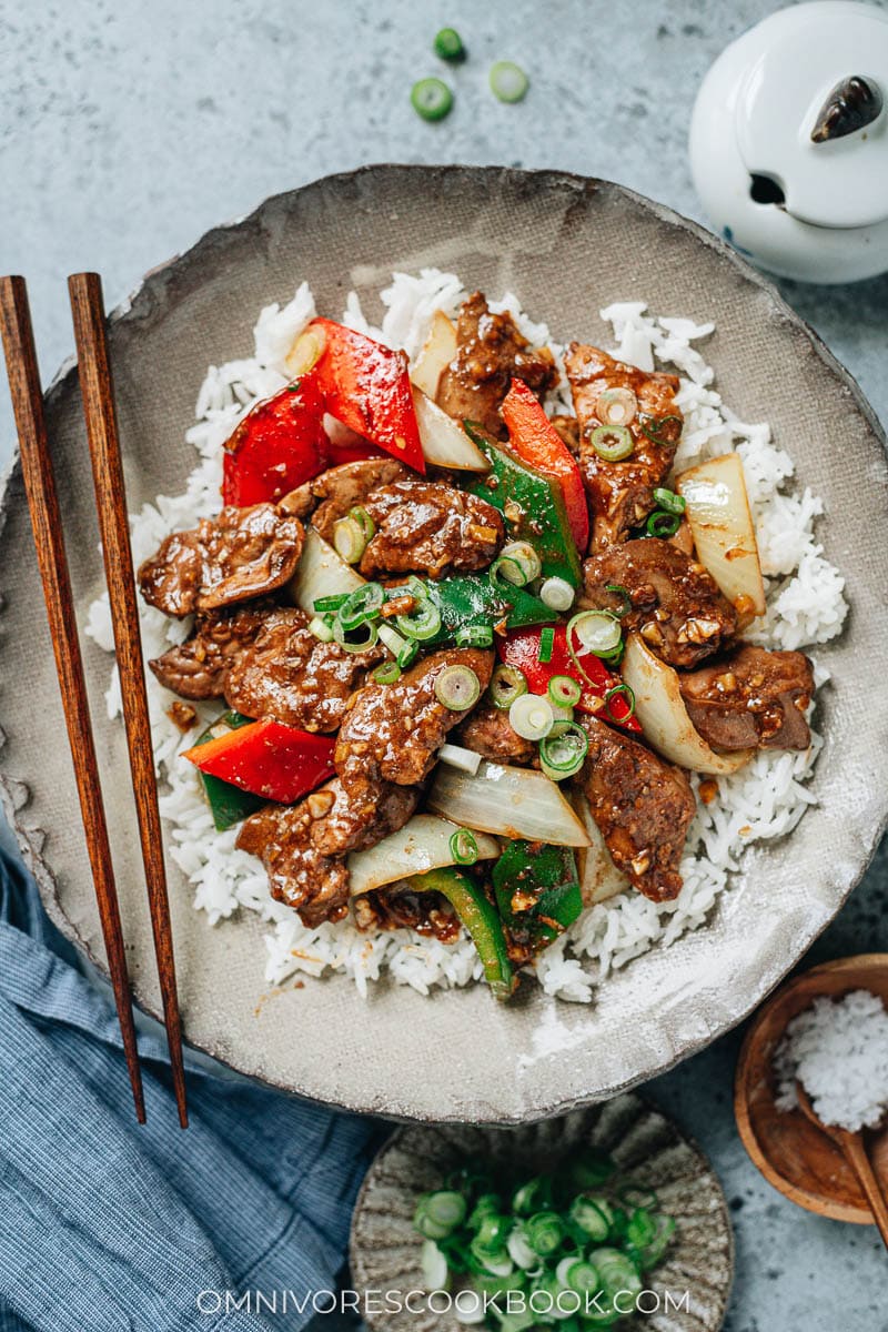 Chinese chicken liver, onion and pepper over rice