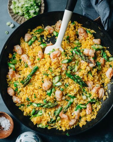 Golden fried rice in a pan