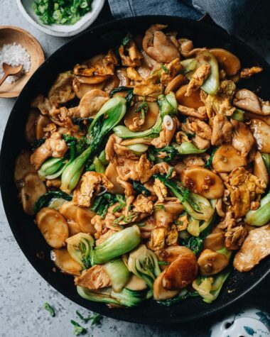 Rice cake stir fried with chicken, egg and baby bok choy