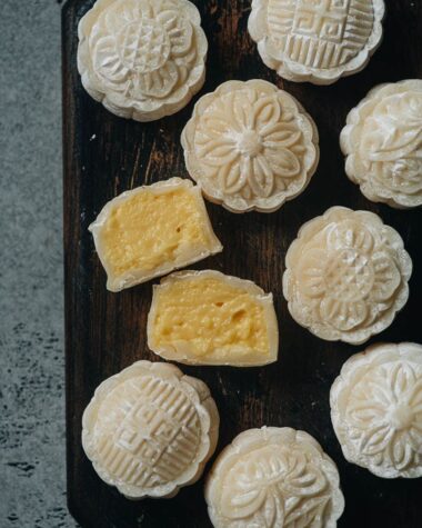Snow skin mooncake with custard sliced open close up