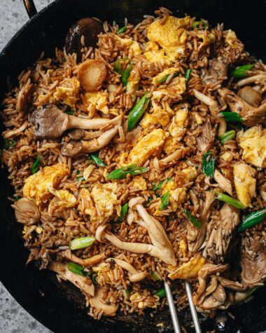 Mushroom fried rice in a pan close up