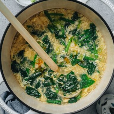 Spinach egg drop soup in a pot