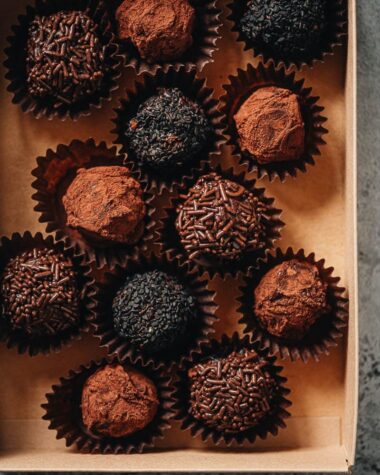 Black sesame chocolate truffles in a box
