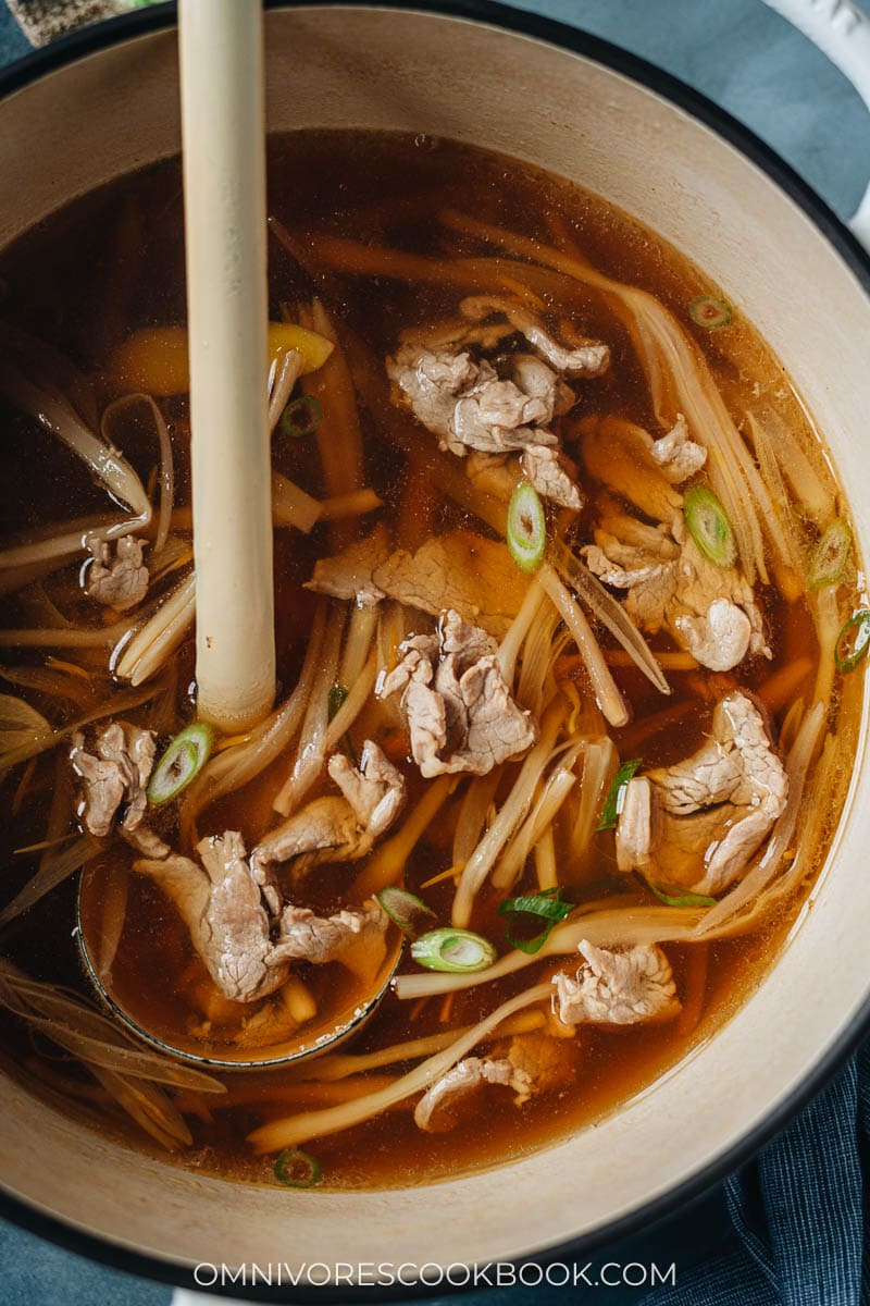 Chinese pork soup with lily flower in a pot
