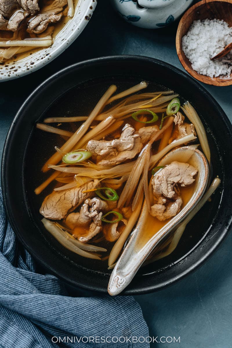 Chinese pork soup with lily flower in a bowl