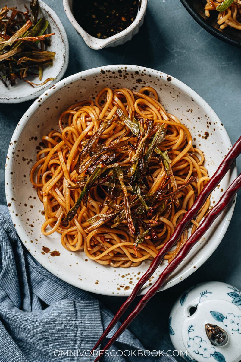 Scallion noodles close up