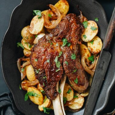 Roast lamb shank close up