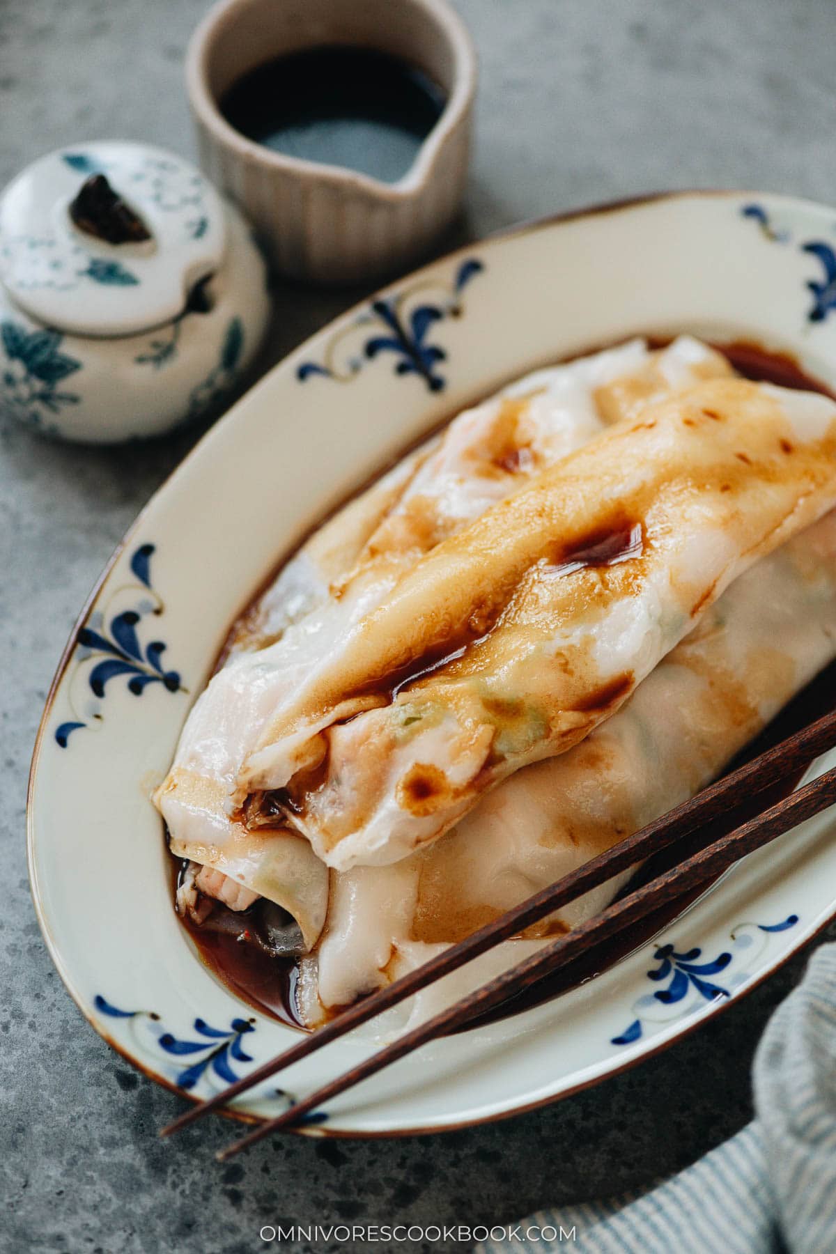 Shrimp cheung fun served on a plate close up