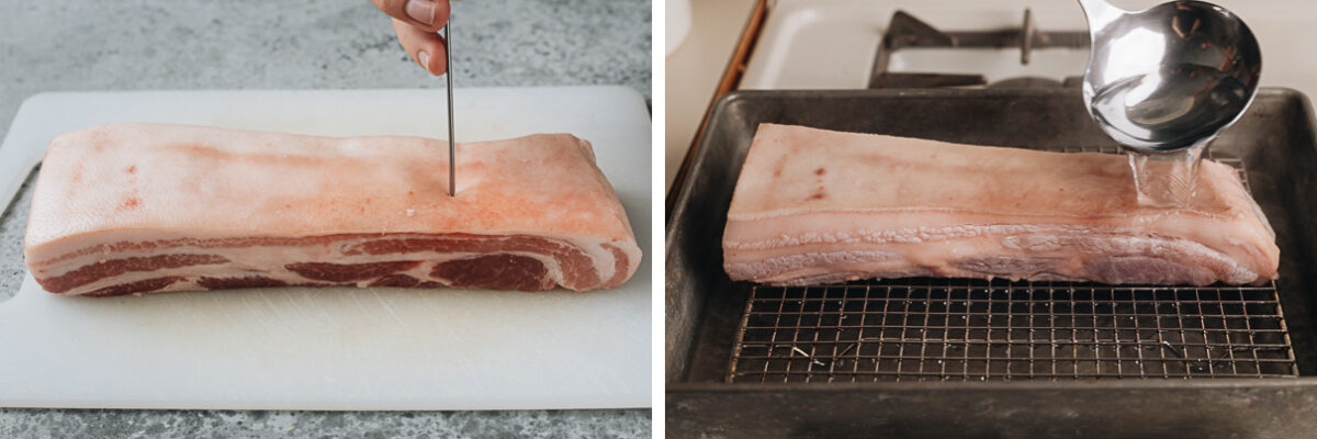Score and pour hot water over pork belly